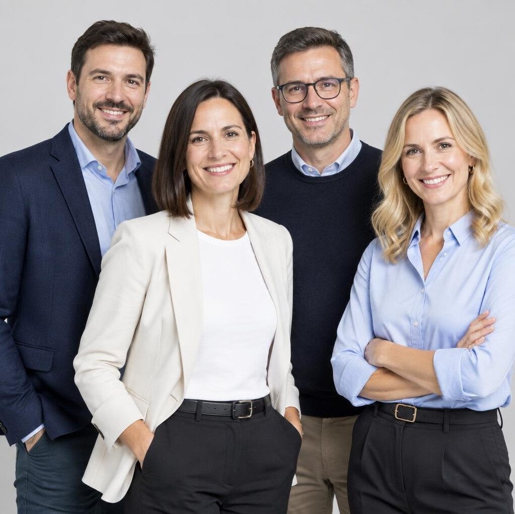 Team of four insurance technology professionals smiling together