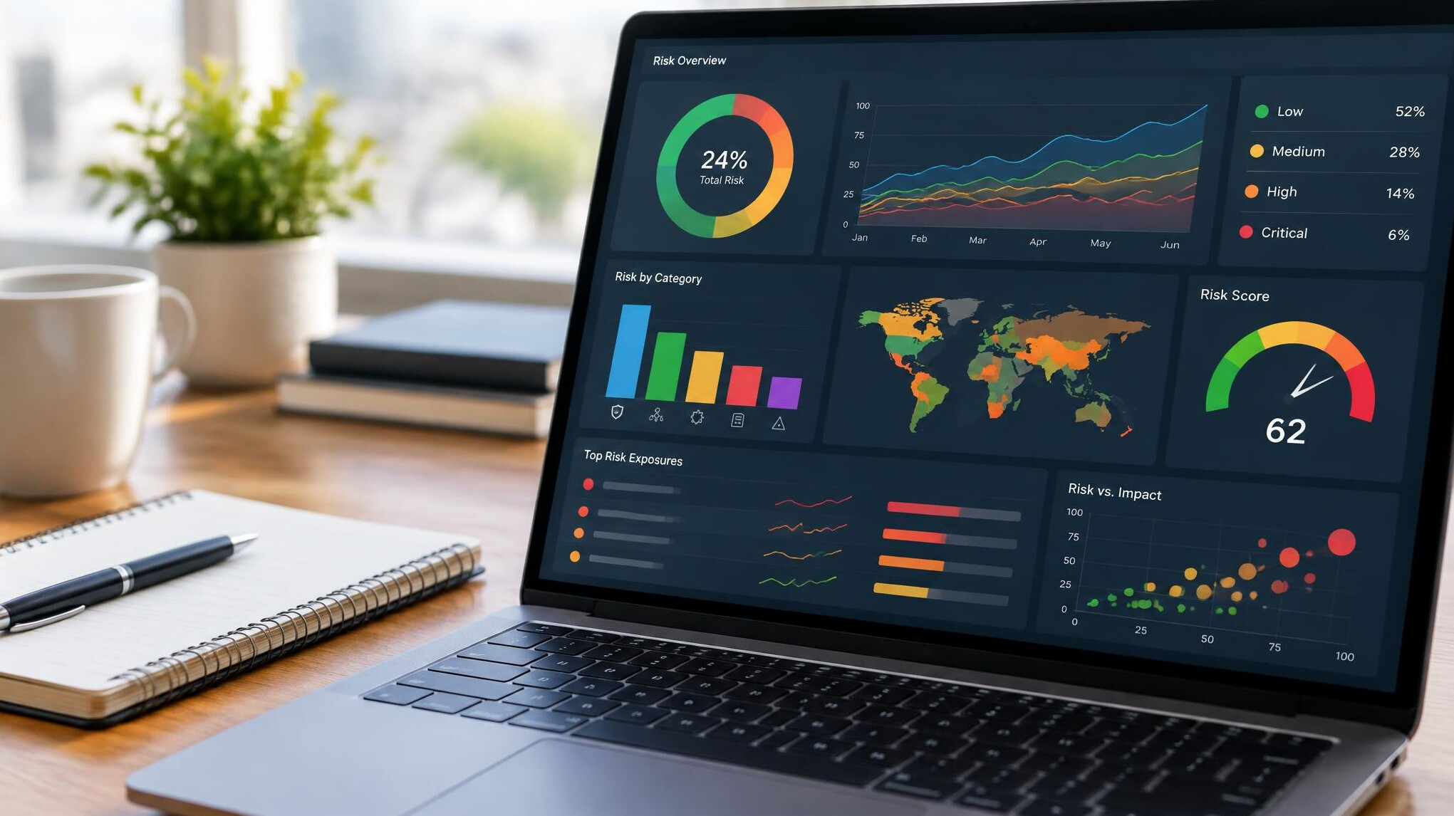 Laptop screen displaying risk analytics dashboard charts
